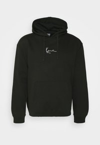 Čierna mikina s kapucňou vyrobená z bavlnenej zmesi, s prednou kapsou a bielym podpisovým logom na hrudi. Rebrované manžety a lem.