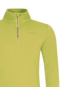 Lichtgroene pullover met een hoge kraag, een halve ritssluiting aan de voorkant en een subtiel logo op de borst. Gemaakt van zachte, rekbare stof met een gladde textuur.