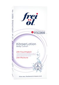 Frei Öl body lotion packaging features a white box with blue and purple accents, displaying product name, ingredients, and hydration benefits.