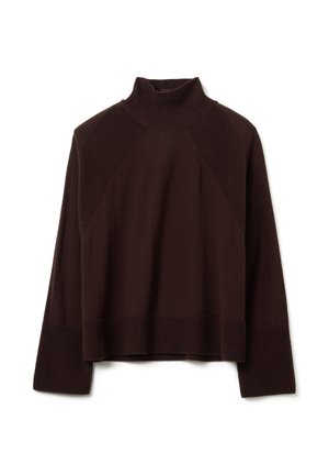 Bruine, aansluitende coltrui met geribbelde textuur bij de hals, mouwen en onderrand. Heeft een cropped ontwerp en raglanmouwen.