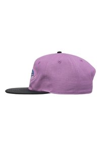 Purple cap with a black brim, featuring an embroidered design on the front. Made of fabric, includes ventilation holes and a snapback closure.