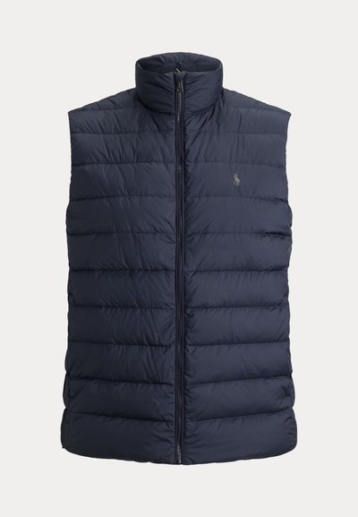 Marineblauwe puffer gilet, mouwloos ontwerp, geblokte textuur, hoge kraag, rits aan de voorkant, klein logo-accent op de borst. Lichtgewicht, warm materiaal.