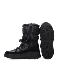 Czarne, ocieplane zimowe buty z puchowym cholewą, zamkiem błyskawicznym, ozdobnymi sznurowadłami i teksturowaną gumową podeszwą zapewniającą przyczepność. Brak widocznego logo.