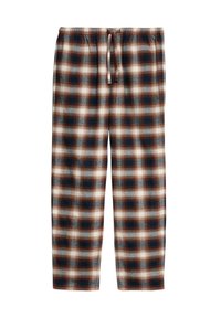 Pantaloni da pigiama in flanella con motivo a quadri nei colori blu scuro, marrone e crema. Vita elasticizzata con cordoncino. Design a gamba dritta.