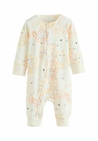 Body niemowlęce z długim rękawem wykonane z miękkiej, lekkiej tkaniny z pastelowym wzorem zwierząt, z zamkiem z przodu i mankietami na rękawach.