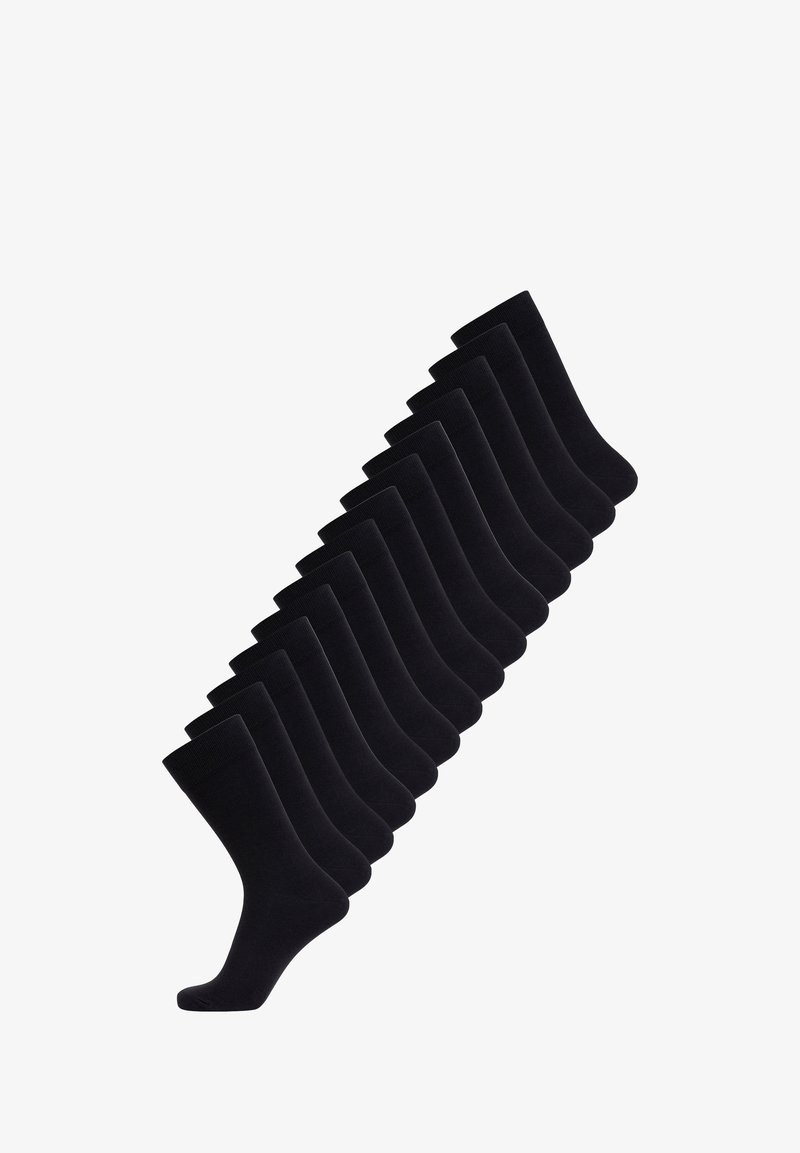 Schwarze Baumwollcrew-Socken in einer diagonalen Linie angeordnet, mit einem gerippten Bündchen, glatter Textur und einheitlichem Design über mehrere Paare.