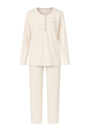 Crèmekleurige pyjama met een longsleeve top en bijpassende broek, met een geknoopte hals en subtiele randdetails.