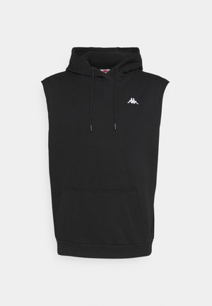 Sweat à capuche sans manches noir avec poche avant, capuche à cordon et petit logo blanc sur la poitrine gauche.