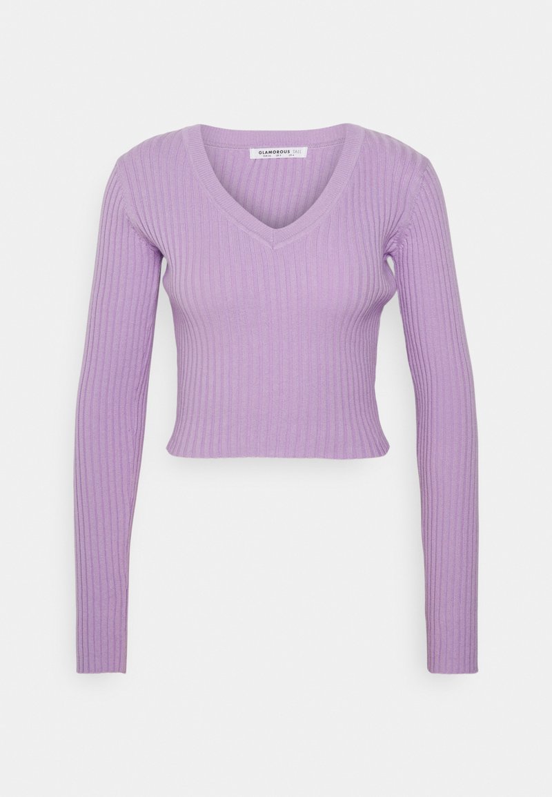 Top roxo de mangas longas com decote em V, design ajustado e comprimento cropped. Textura suave com padrões verticais.