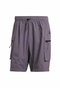 Lila atletiska shorts för män tillverkade av lättviktsmaterial, med två sidofickor i cargo-stil med svarta dragkedjor och en justerbar midja.