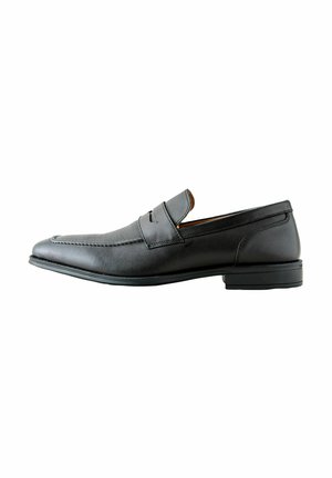 Schwarze Leder-Loafer mit glatter Oberfläche, abgerundetem Zehenbereich und dezenten Ziernähten. Verfügen über eine flache Gummisohle und ein Schlupf-Design.