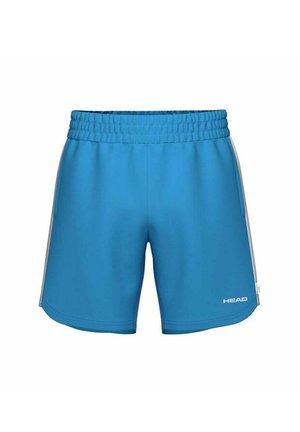 Blaue Herren-Sportshorts mit elastischem Bund, weißen Seitenstreifen und "HEAD"-Logo am unteren rechten Bein.
