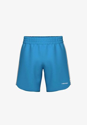 Pantalones cortos deportivos azul para hombre con cintura elástica, rayas laterales blancas y logotipo "HEAD" en la parte inferior derecha de la pierna.