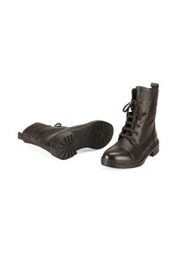 Braune Leder-Stiefeletten mit strukturiertem Finish, Schnürdesign, Gummisohle und moderatem Absatz. Verfügt über eine Zuglasche an der Rückseite.