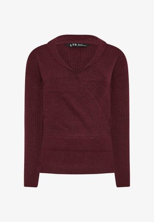 Bordowy sweter robiony na drutach z dekoltem w serek, długimi rękawami i projektem kopertowym. Materiał ma strukturalny wzór i dopasowaną dolną krawędź.
