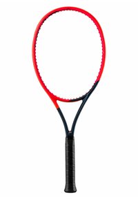 Rote und marineblaue Tennisschläger mit ovalem Kopf, strukturiertem schwarzem Griff und Schnurmuster entlang des Rahmens. Leichtes Graphitmaterial.