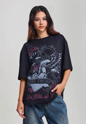 Ed Hardy, WOMENS BRAVE HEARTS STAY TRUE WASHED RELAXED T-SHIRT - T-shirt con stampa - black