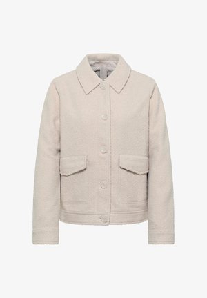 Lyse beige tekstureret jakke med knaplukning, bred krave, lange ærmer og to klaplommer ved taljen.