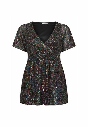 Top nero avvolgente con maniche corte, caratterizzato da un motivo scintillante di paillettes colorate e una vita arricciata per un taglio che esalta la figura.