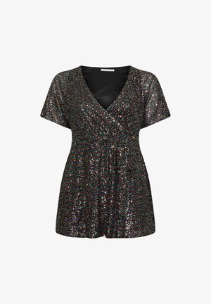 Haut noir style wrap avec des manches courtes, arborant un motif scintillant de paillettes colorées et une taille froncée pour un ajustement flatteur.