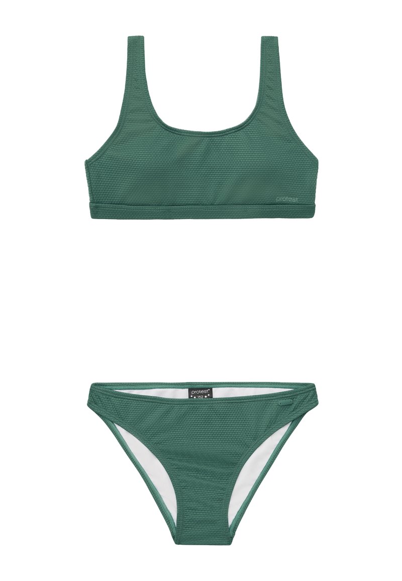 Zeleni bikini set s teksturiranim materijalom. Gornji dio ima kvadratni dekolte i široke naramenice; donji dio je s niskim strukom s kontrastnom podstavom.