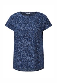 Top bleu marine à manches courtes avec un motif de feuilles en bleu clair. Encolure ronde, coupe décontractée et ourlet arrondi. Fabriqué à partir d'un tissu doux et respirant.