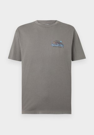 Graues Baumwoll-T-Shirt mit Rundhalsausschnitt, kurzen Ärmeln und einem blauen Grafikdruck mit Bergen und Text auf der linken Brust.