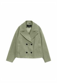 Veste courte à double boutonnage en mélange de laine vert clair. Comprend un col à revers, des boutons noirs et des poches latérales. Texture lisse, coupe ajustée.