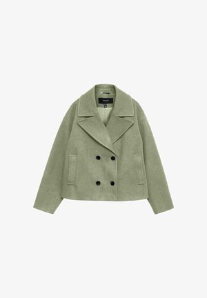 Dvoredno skrajšano jakno iz mešanice svetlo zelene volne. Ima ovratnik z reverjem, črne gumbe in stranske žepe. Gladek teksturiran material, krojen dizajn.