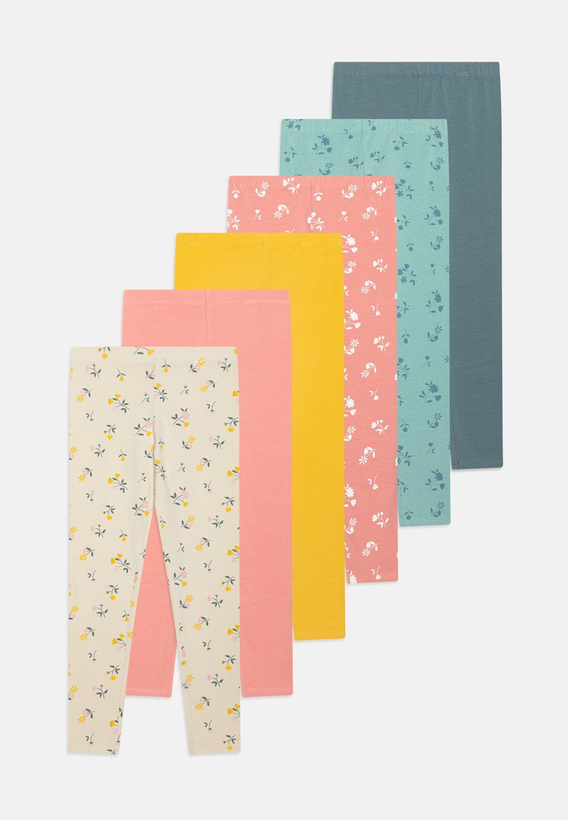 Sei paia di leggings: uno a fiori crema, rosa, giallo, corallo, teal con motivi floreali, e uno interamente teal scuro. Materiale morbido ed elastico in cotone.