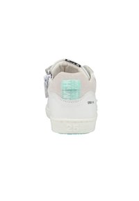 White sneakers with a textured leather upper, padded collar, mint-green accents on the heel, and a subtle pattern on the tongue.