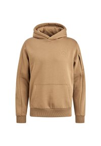 Camel-colored hoodie made of soft, textured fabric. Features a front pocket, a hood, and a subtle logo patch on the chest.