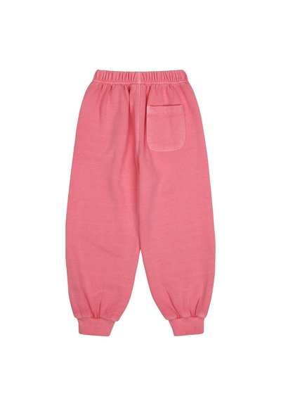 Rózsaszín, puha pamut joggingnadrág elasztikus derékkal és mandzsettákkal, egy hátsó zsebbel. Egyszerű, laza dizájn.