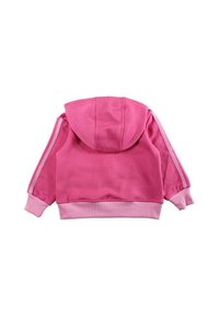 Sweatshirt rose avec capuche, poignets et ourlet côtelés. Présente des bandes roses contrastantes le long des manches. Fabriqué en tissu doux et texturé.