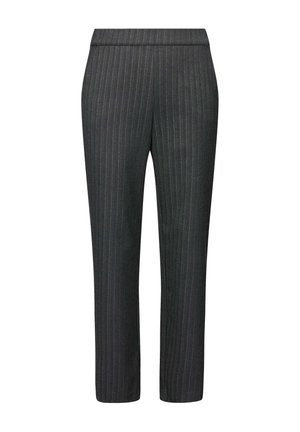 Pantalons gris ajustés avec un motif à rayures, dotés d'une taille mi-haute et d'une coupe droite. Texture lisse, sans matériel visible.