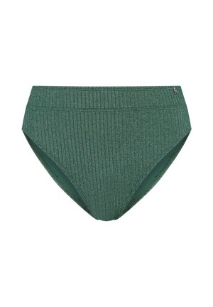 Dunkelgrüner, hoch geschnittener Bikini-Slip mit geripptem, strukturiert schimmerndem Stoff und kleinem Logotag an der rechten Seite des Taillenbands.