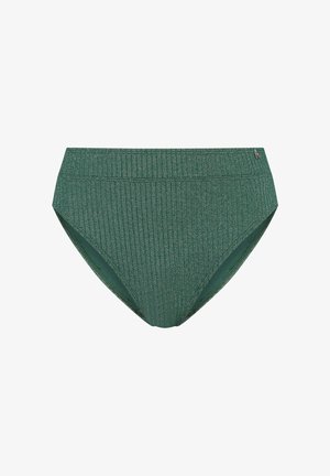 Donkergroene, geribbelde bikinibroek met hoge taille, gemaakt van een textuurrijke glinsterende stof en voorzien van een klein logolabel aan de rechterkant van de tailleband.