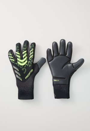 Sorte keeperhansker med tekstur på baksiden og grønne detaljer, elegant design og forsterket håndflate merket "URG 2.0."