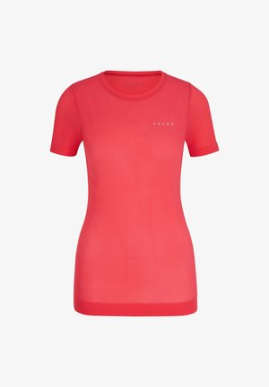 Czerwony, dopasowany, krótkosleeve'owy t-shirt sportowy wykonany z elastycznego materiału, z okrągłym dekoltem i subtelnym logo marki na klatce piersiowej.