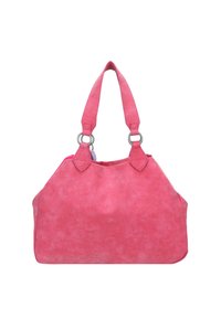 Roze suède handtas met een gestructureerde vorm, voorzien van zilveren ringaccents op de handvatten en een gladde textuur.