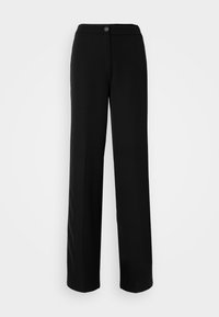 Mustat leveälahkeiset housut napilla ja vetoketjulla, sileä kangas ja suora, rento malli.