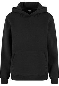 Hoodie noir en tissu doux, doté d'une poche kangourou, de poignets côtelés et d'une capuche avec cordon de serrage. Design simple et minimaliste.