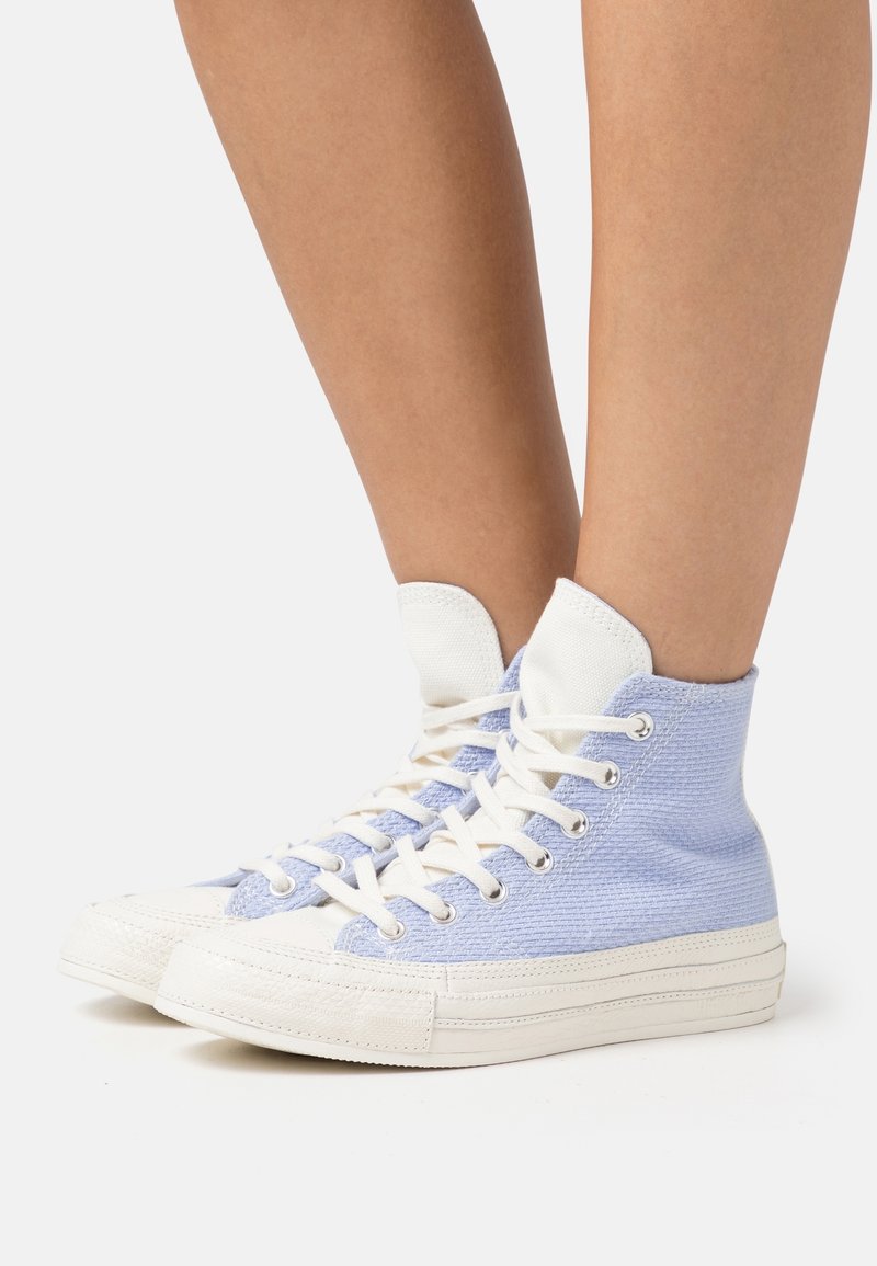 Jambes portant des baskets montantes en toile bleu clair avec des lacets blancs et des semelles en caoutchouc sur fond blanc.