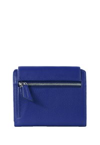 Portafoglio in pelle blu con finitura testurizzata, dotato di una tasca frontale con zip, hardware argentato e chiusura a patta. Forma rettangolare compatta.