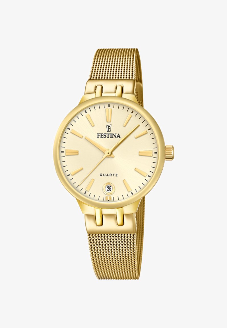 Reloj de cuarzo dorado con pulsera de malla, caja redonda y esfera de dorado claro. Incluye marcadores de hora, pantalla de fecha y corona.