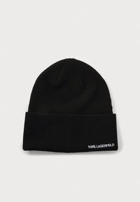 Gorro de punto negro con un dobladillo. Presenta el texto bordado en blanco "KARL LAGERFELD". El material parece suave con una textura lisa.