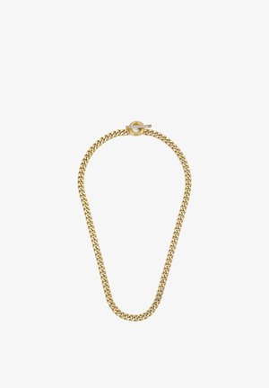 Collier chaîne de couleur or avec maillons entrelacés et un fermoir rond à bascule orné d'un accent en strass. Texture lisse, largeur uniforme.