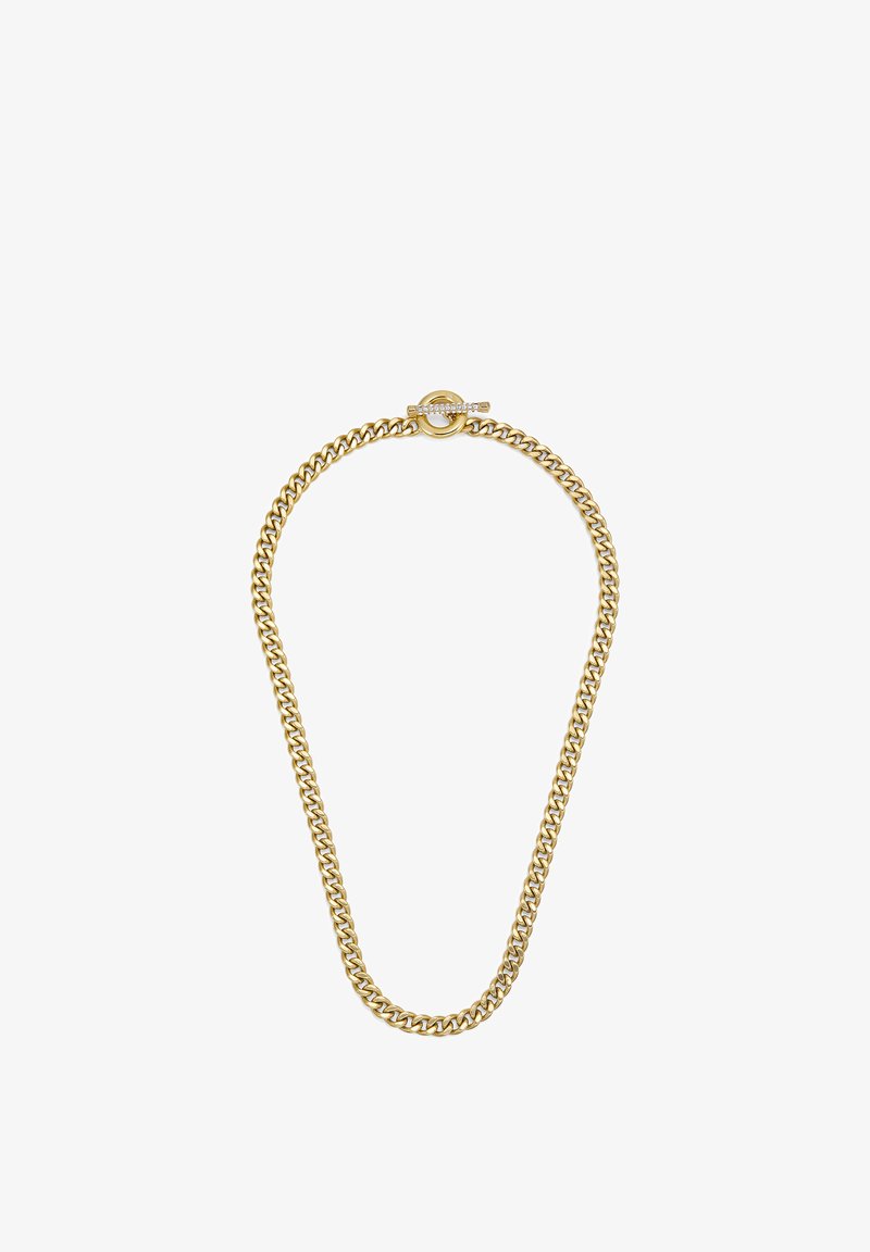 Collier chaîne de couleur or avec maillons entrelacés et un fermoir rond à bascule orné d'un accent en strass. Texture lisse, largeur uniforme.