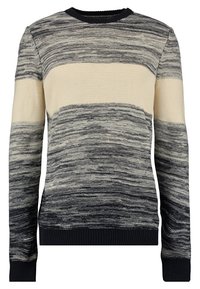 Gebreide trui met horizontale strepen in crème en marineblauw. Voorzien van een ronde halslijn en geribbelde manchetten en zoom. Getextureerde stof.