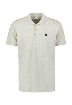 Polo shirt gris clair en coton, avec un col classique, une patte de boutonnage à trois boutons et un petit logo hexagonal noir sur la poitrine.
